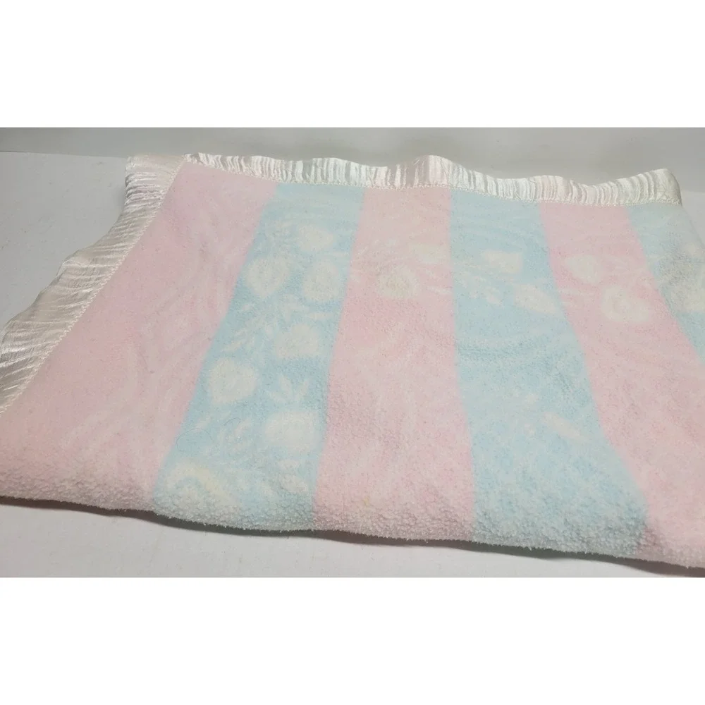 Vintage Pink Blue Striped‎ Floral Fleece Baby Blanket Satin Ruffle Trim 33x44
